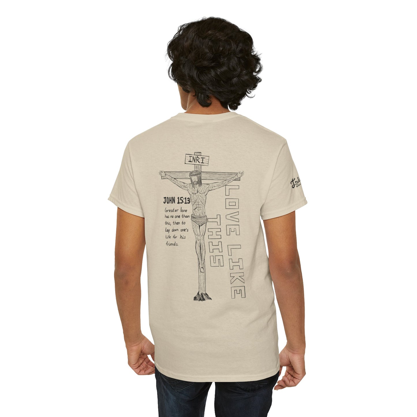 Christian Crucifix Tee — 'Love Like This' John 15:13 Graphic T-Shirt