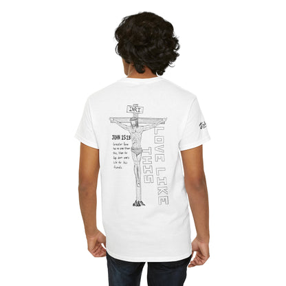 Christian Crucifix Tee — 'Love Like This' John 15:13 Graphic T-Shirt
