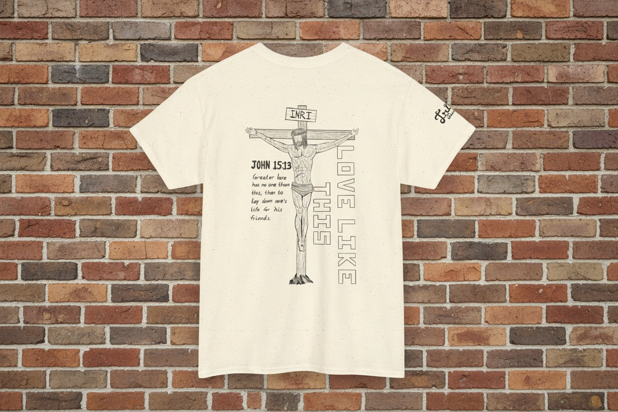 Christian Crucifix Tee — 'Love Like This' John 15:13 Graphic T-Shirt